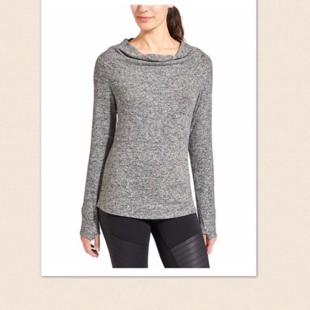 Athleta Cuddle Up Cozy Greige Long Sleeve Draped Cowlneck Top Thumb Holes Size M